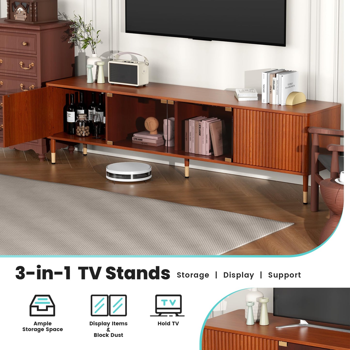 PatioPerk TV Stand for 55 65 Inch TV – Modern Entertainment Center with 4 Storage Cabinets for Living Room, 70 Inch TV Console with LED Lights and Glass Doors, Walnut Brown