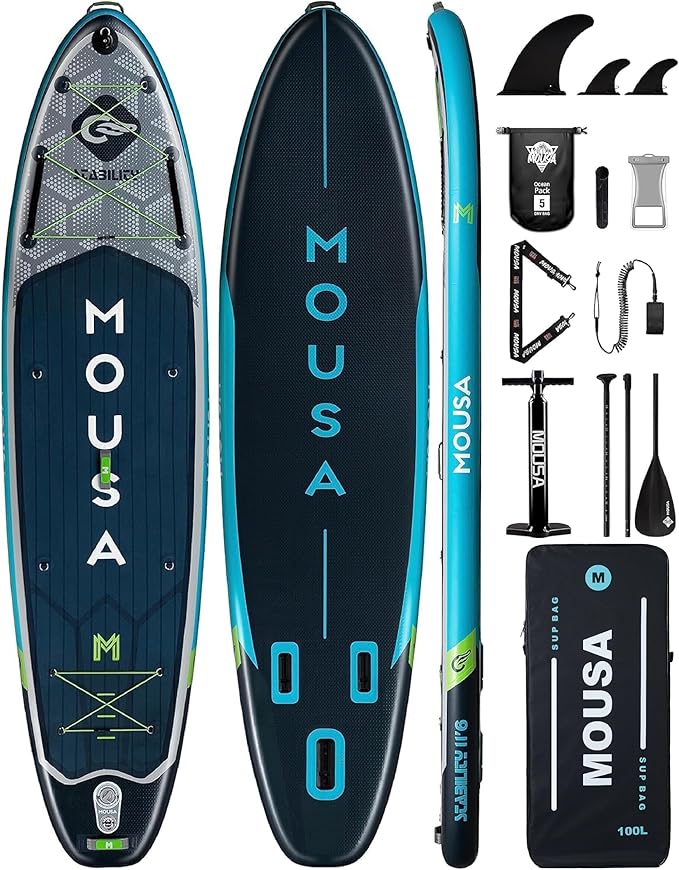 MOUSA 11'6“x35 Extra Wide Inflatable Stand Up Paddle Board, Stable Long SUP for 2 People/Family, Shoulder Strap, 3/5 Handl...