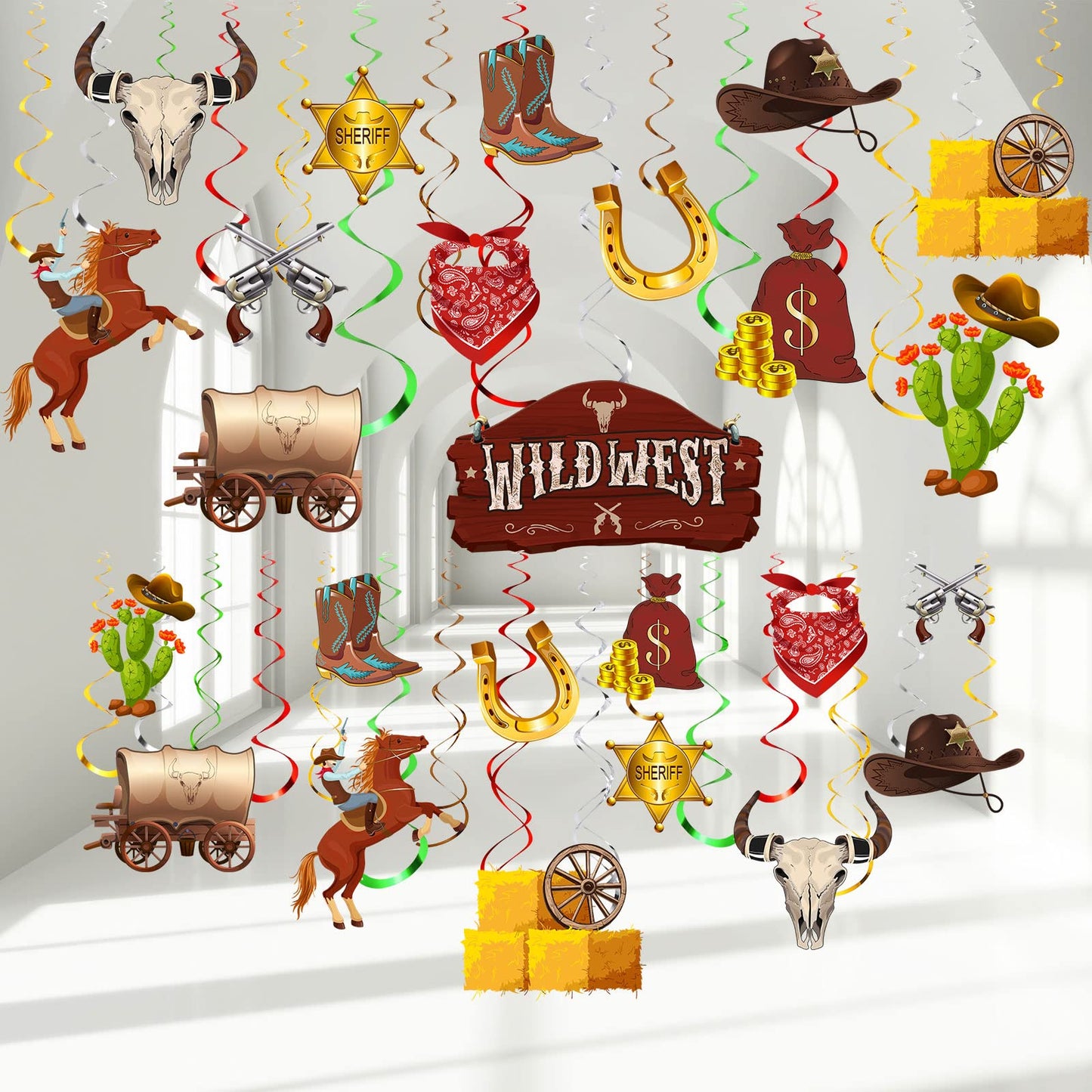 Funrous 55 Pcs West Cowboy Themed Party Decoration Wild Western Theme Hanging Swirl Supplies Western Cowgirl Hanging Decorations for Kids Birthday Wild Cowboy Party Favors(Cowboy)