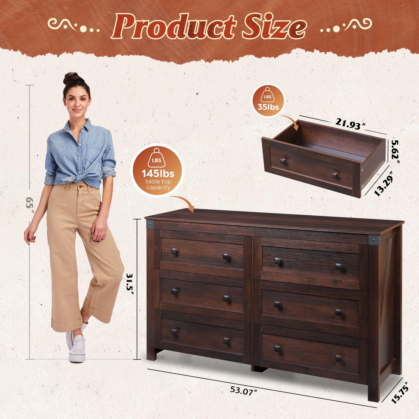 WLIVE Farmhouse 6 Drawer Dresser for Bedroom, 53.07'' Wide Wood Dresser, Storage Organizer with Double Rustic Handle, TV Stand for 60 inch TV, Chest of Drawers for Living Room, Hallway, Brown
