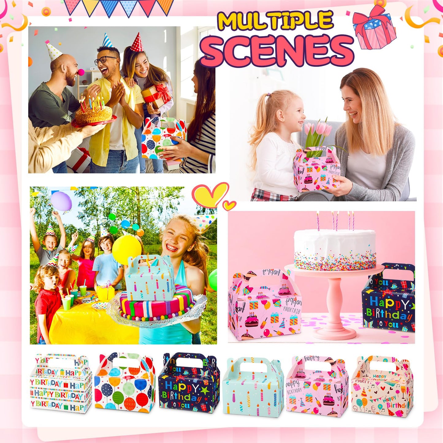 Zhanmai 36 Pack Birthday Party Treat Box 6 Inch Goodie Party Favor Treats Gable Box Birthday Gift Wrapping Container Cookie Cupcake Snack Candy bag with Handle