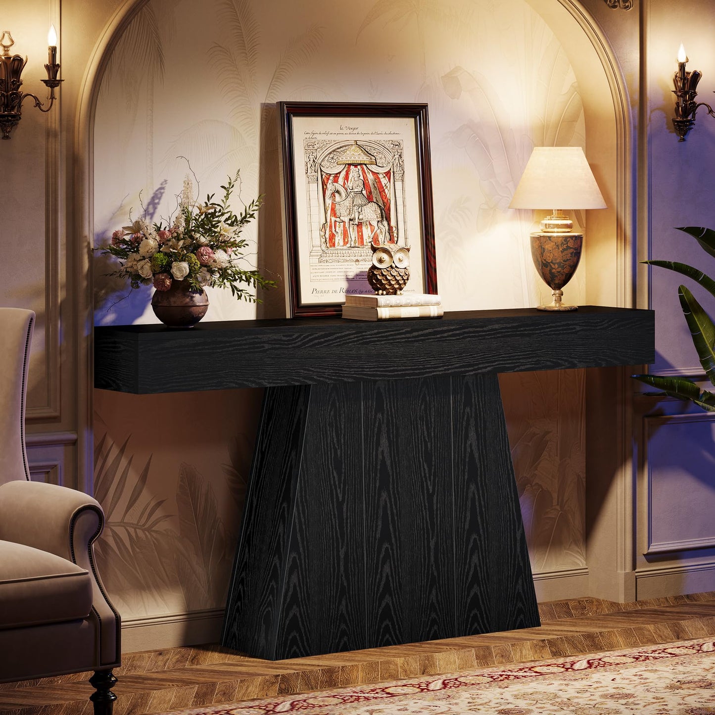 Tribesigns 63" Black Console Table, Farmhouse Entryway Table with Trapezoidal Base, Narrow Long Sofa Table Behind Couch Table for Entrance, Hallway, Living Room, Black