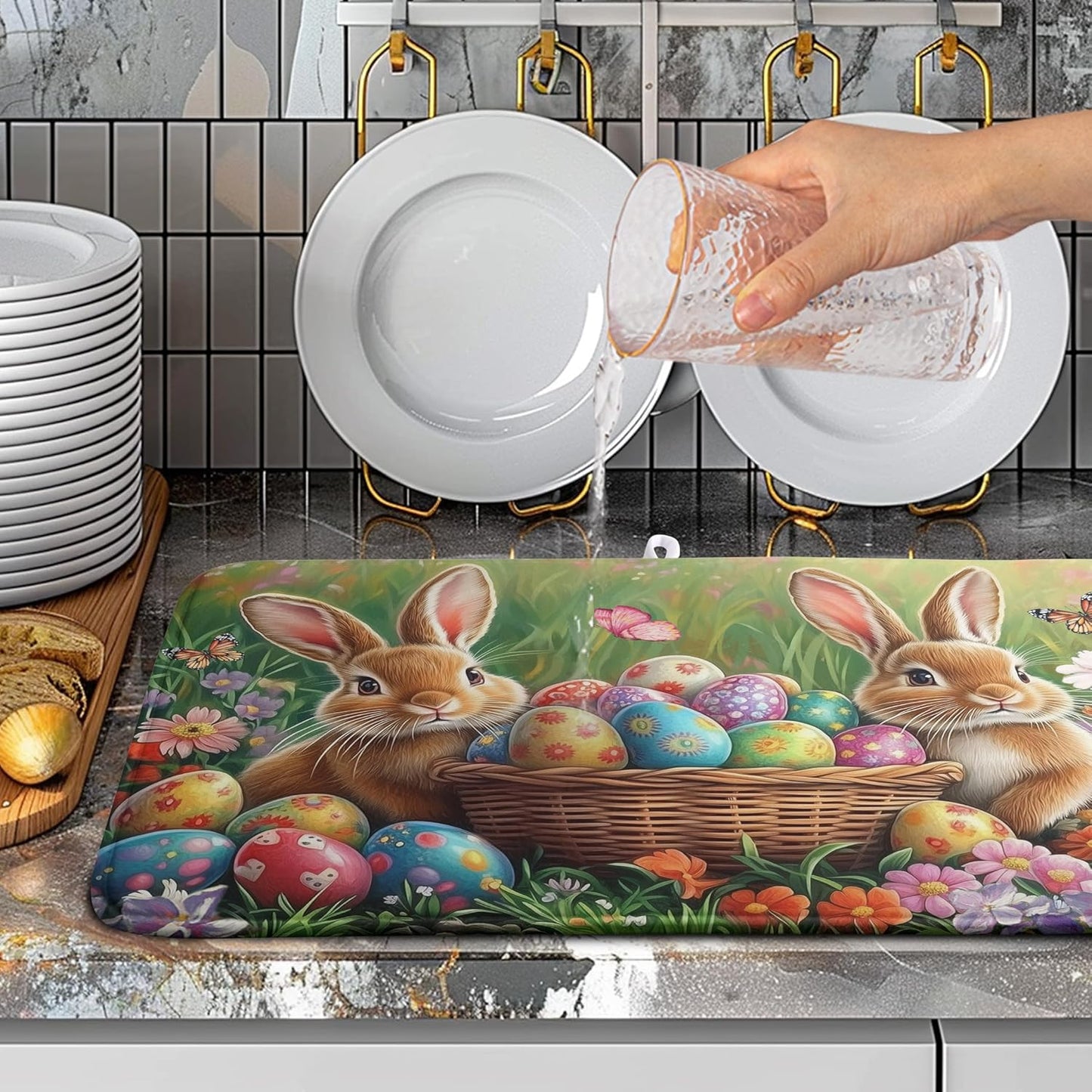 Easter Bunny Eggs Dish Drying Mat for Kitchen Counter 18x24 Inch Spring Easter Rabbit Flowers Large Drying Mat Microfiber Dish Drainer Rack Mats Absorbent Reversible Dishes Pad Dish Dryer Mat