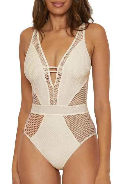 BECCA Women's Standard Color Play One Piece Swimsuit, Plunge Neck, Crochet, Bathing Suits, Ecru, Medium