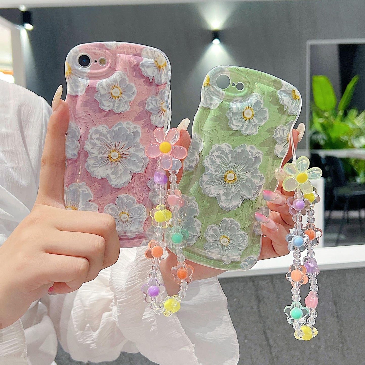 For Iphone 6S Plus Iphone 6 Plus Curly Wavy Case, Cute Colorful Retro Oil Painting Flower Glossy Pattern [With Bead Chain], Slim