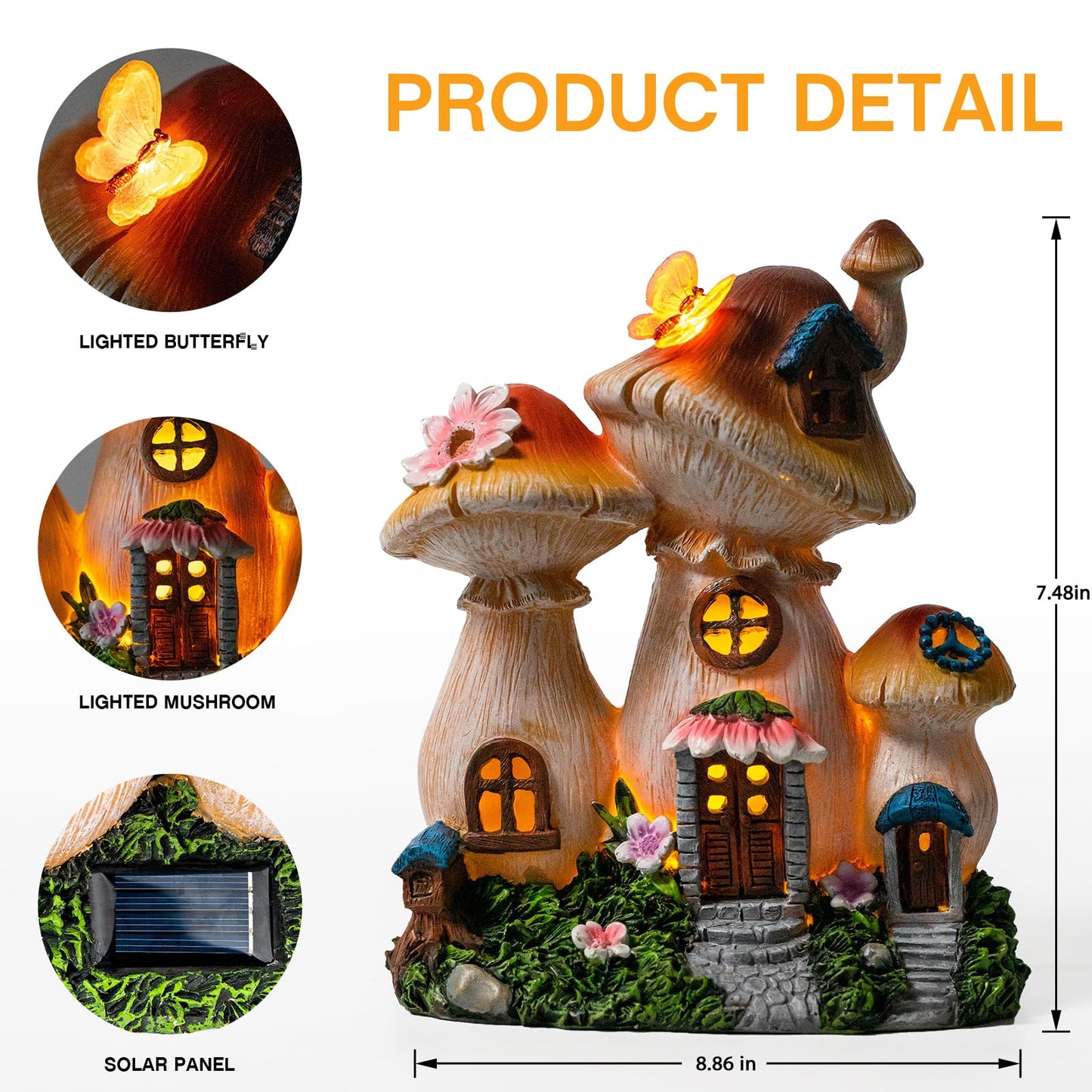 Candieslife Solar Garden Statue Lights Mushroom Fairy House Figurine, Outdoor Memorial Garden Ornaments Waterproof Decoration for Outside Patio Yard Lawn Decor
