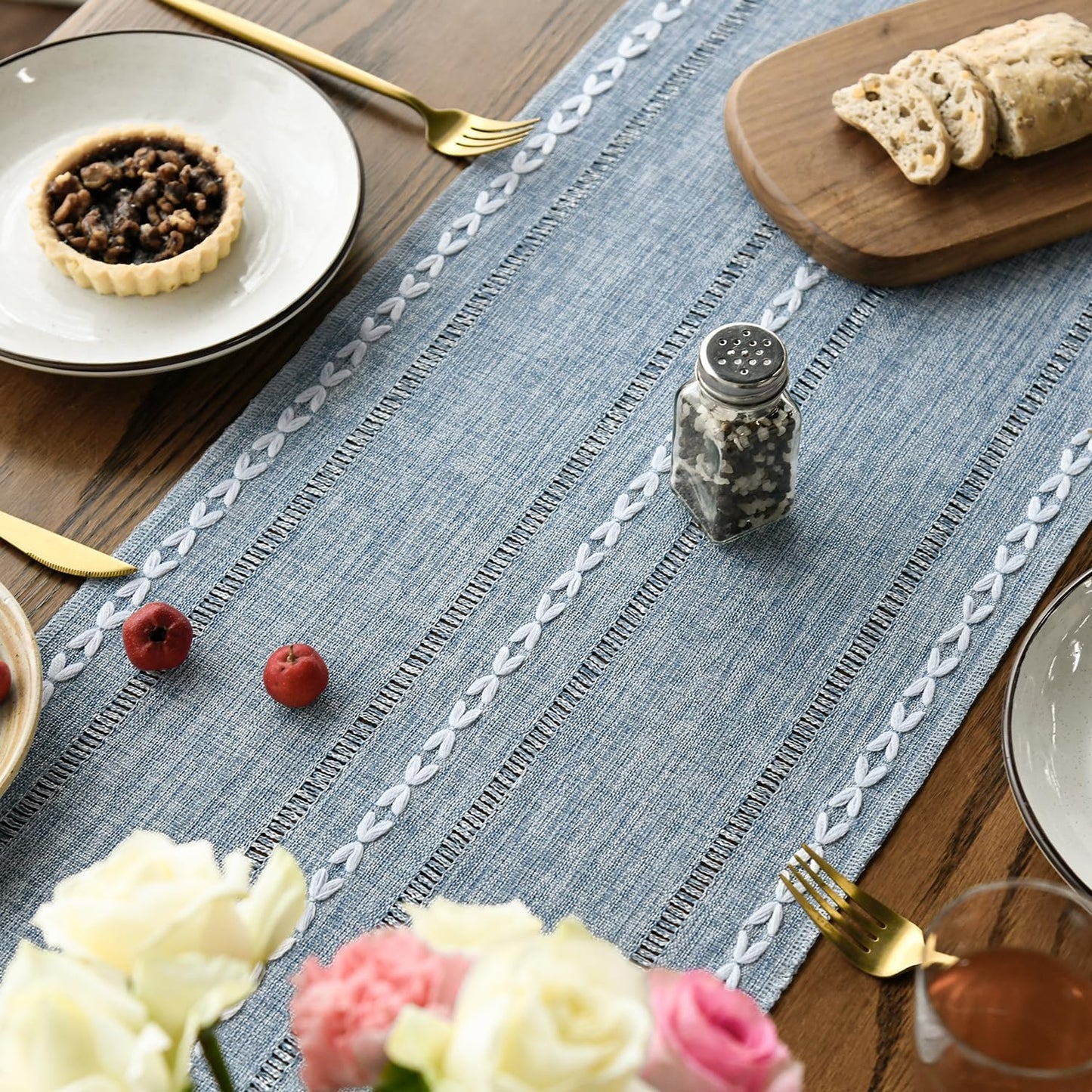 Artoid Mode Dusty Blue Cotton Linen Table Runner, Seasonal Rustic Embroidered Hollow Kitchen Dining Table Decoration for Home Party Decor 13x60 Inch