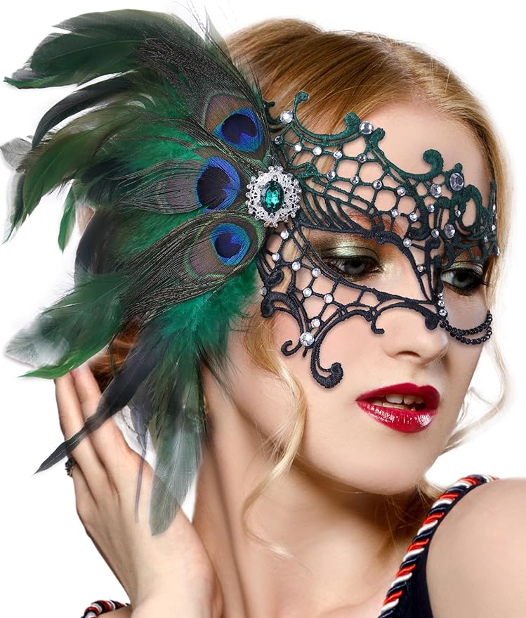 Zinniday Halloween Masquerade Masks for Women - 2026 Peacock Feather Lace Mask 1920s Venetian Eyemask for Party