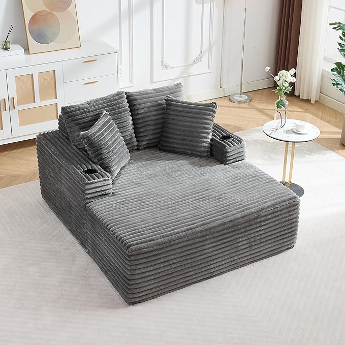 GarveeHome 64in Oversized Corduroy Fabric Bone-Free Sofa Bed Cloud Sofa with Cup Holders and Pillows Comfortable Deep-Seat Sleeping Sofa Chair Suitable for Apartments, Living Rooms, Bedrooms - Gray