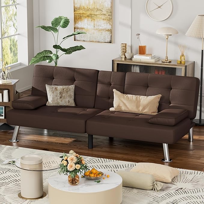 JUMMICO Faux Leather Futon Sofa Bed Futon Couch with Removable Armrests Adjustable Sleeper Sofa Bed with 2 Cup Holders for Living Room (PU Leather, Brown)