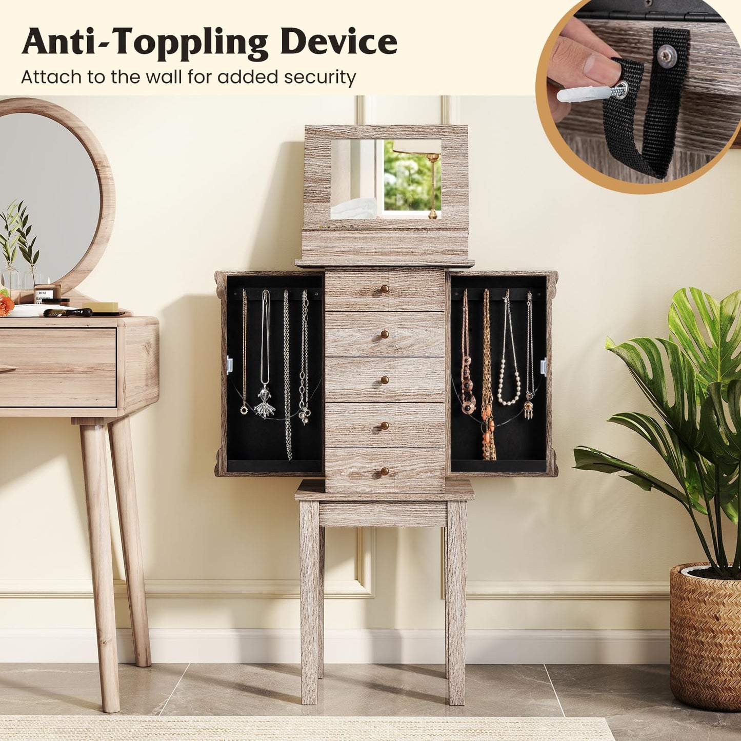 COSTWAY Standing Jewelry Armoire Cabinet, Wooden Jewelry Storage Chest with 5 Drawers, 2 Side Doors & Flip Top Mirror, Jewelry Cabinet with Top Divided Compartments for Women, Girls, Grey