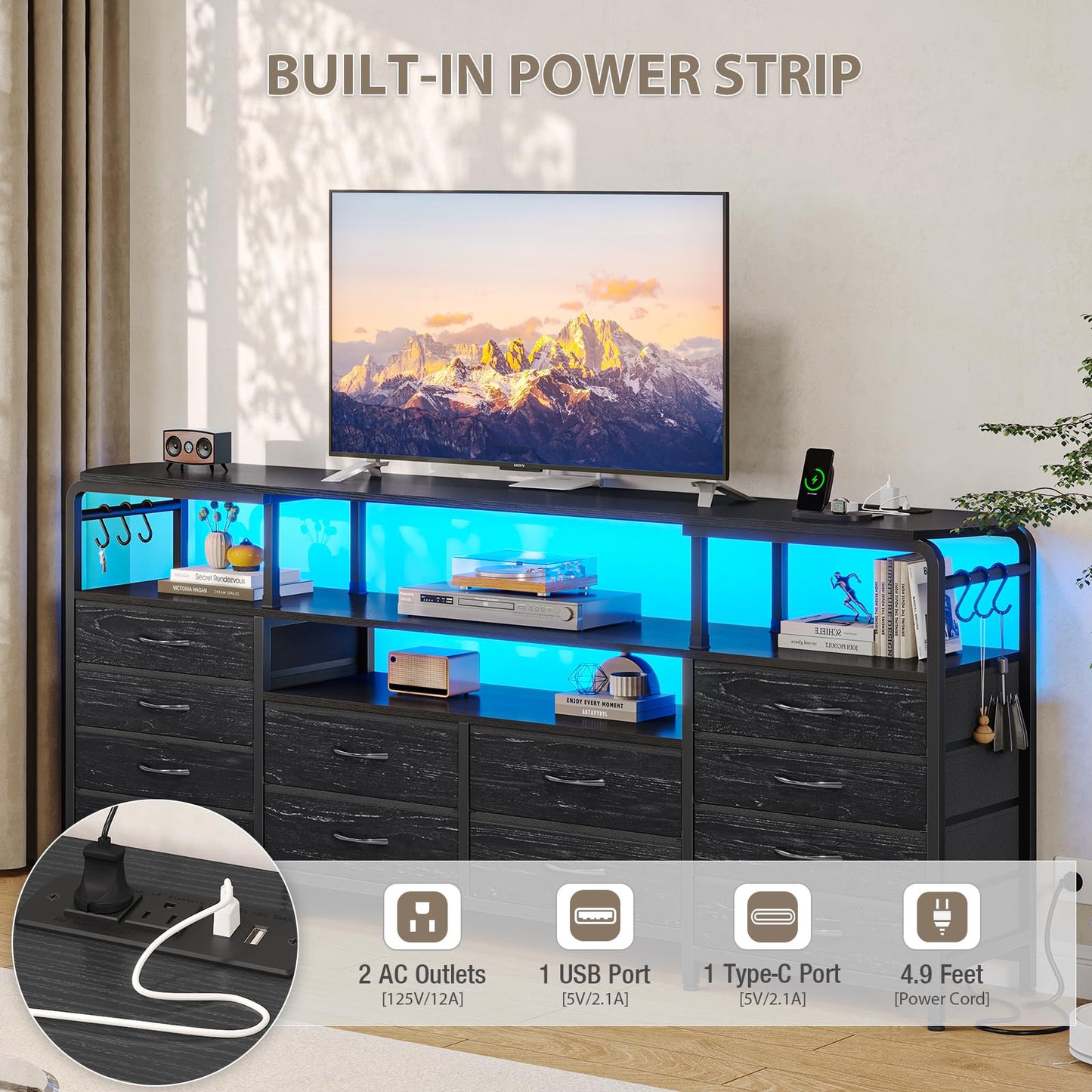 Dnxao 63 inch TV Stand Dresser for Bedroom - Black TV Stand with 12 Drawers, LED Lights & Charging Station | Dresser TV Stand with Storage, Open Shelves | Fits 55-70" TVs