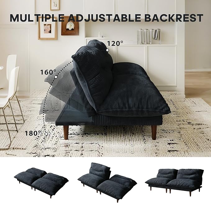 DreamDashio Futon Sofa Bed, 4 in 1 Multi-Functional Futon Couch with Adjustable Backrest, Convertible Sleeper Sofa Bed and Recliner Lounge, Loveseat for Living Room, Apartment, Office, 2 Sets, Black