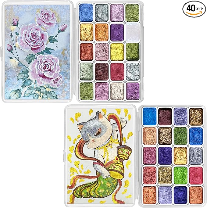Mini Forestry Shifting Watercolor Painting Set, 40 Color Shifting Watercolor Paints, Shimmer Metallic & Glitter Watercolor Paints, Rococo & DunHuang Style