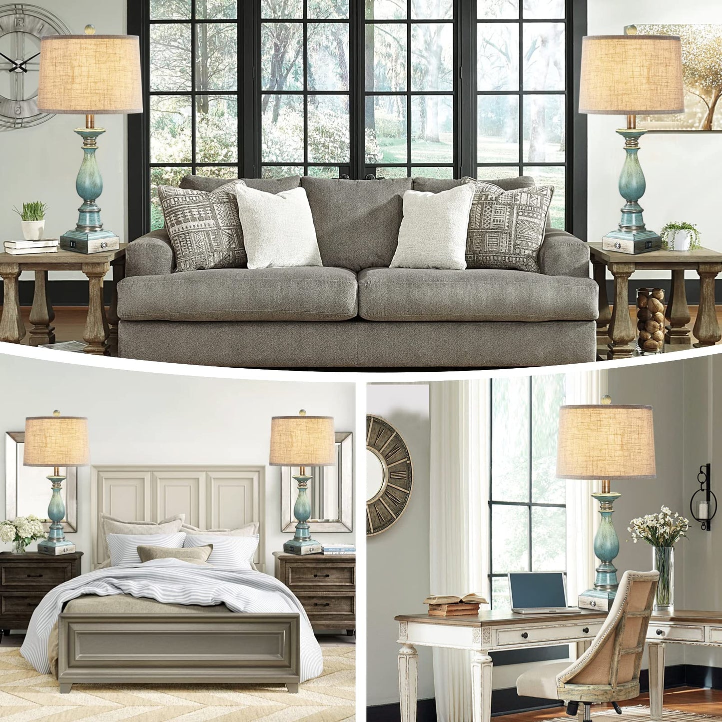 Farmhouse Table Lamps Set of 2 with USB Charging Ports, Touch Control Bedside Table Lamp for Bedroom Nightstand, 3-Way Dimmable Table Lamp for Living Room End Table, Linen Fabric Shade, Bulbs Included