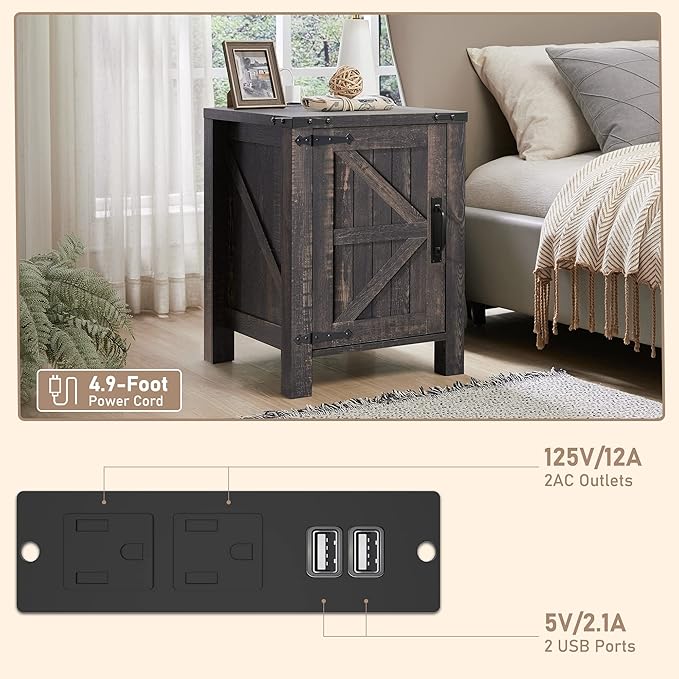 OKD Nightstand with Charging Station, 18 Inch Farmhouse End Table with Barn Door and Adjustable Storage Shelf, Rustic Wood Sofa Side Table w/Magnetic Door for Living Room, Bedroom, Dark Rustic Oak