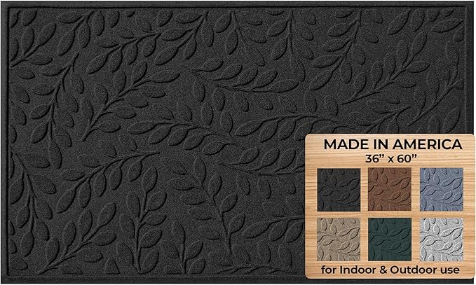 WaterHog Welcome Mat for Indoor/Outdoor, 3’ x 5’, Made in USA, Durable & Water-Resistant, Dirt Trapping Mat, Decorative Front Door and Entryway Rug, Brittney Leaf Design, Charcoal