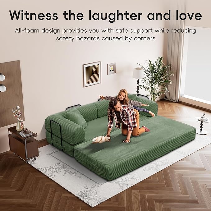 ZQRhome 79" 5-in-1 Convertible Sofa Bed, Premium Sleeper with Reinforced Frame & Plush Corduroy, No Assembly Modular Couch for Lounge, Guest Room & Small Space, Olive Green