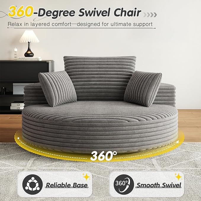 Antetek 360-Degree Oversized Swivel Chair, Modern Round Circle Corduroy Comfy Deep Seat Swivel Accent Chaise Lounge Sofa Chair with Back Cushion & 2 Throw Pillows for Living Room Bedroom Office, Grey