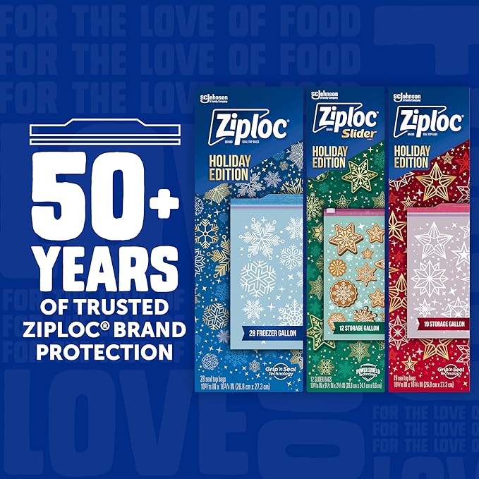 Ziploc Gallon Food Storage Bags, Grip 'n Seal Technology for Easier Grip, Open, and Close, 19 Count, Holiday Designs