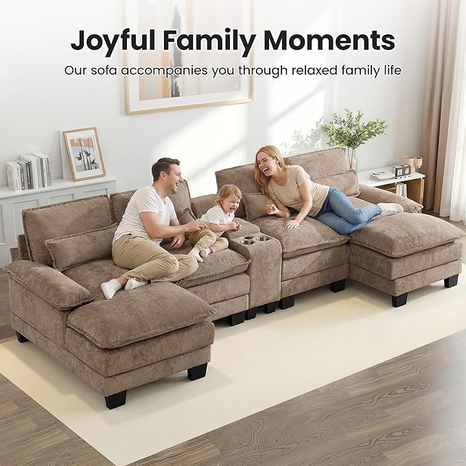 125" U Shaped Cloud Modular Sectional Couch for Living Room, Small Comfy Sherpa Sofa with Double Chaise Lounge, Storage Central Console, Cup Holders, USB Port, Camel
