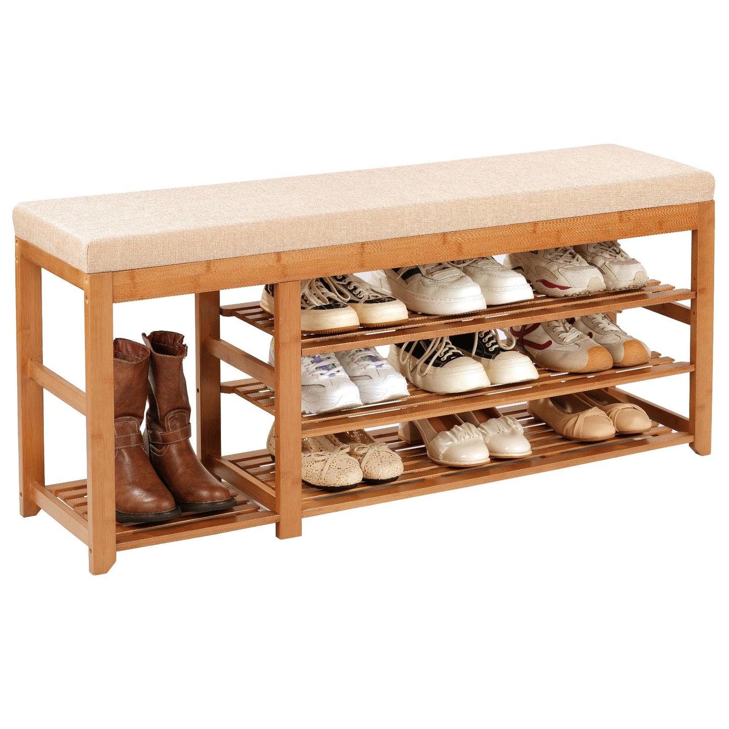 PETKABOO 47.2 in Shoe Rack Bench with Cushion, 3 Tier Bamboo Entryway Bench with Storage for Entryway, Hallway, Bedroom, Living Room
