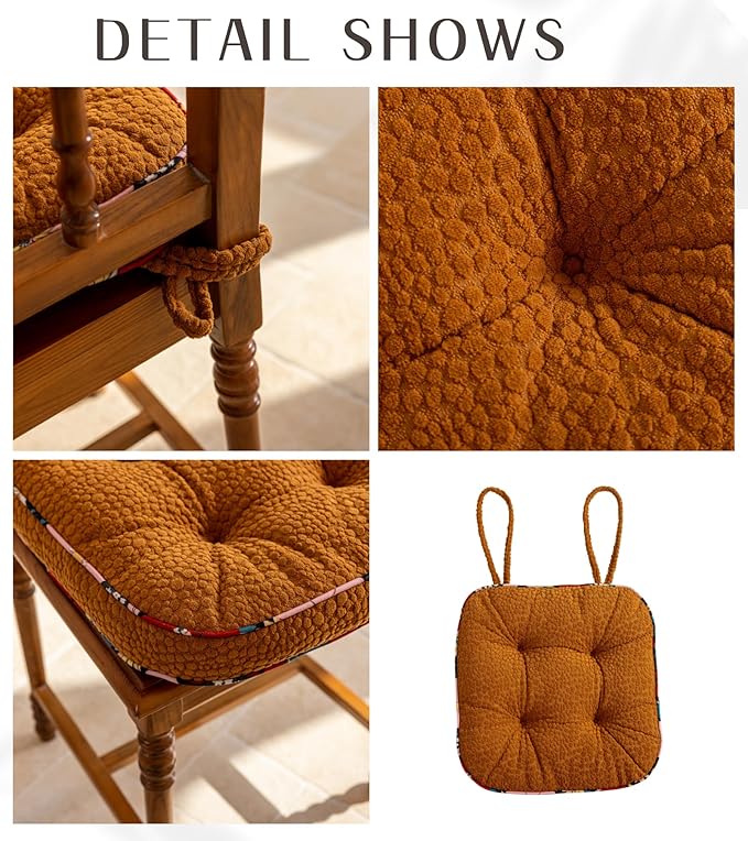 Huierxun Soft Comfort Chair Pads with 3D Dots Pattern Jacquard Warm Square Chair Cushion with Ties Thicken Non-Slip Floor Pillow Fluffy Seat Cushion for Office Dining Kitchen (Orange,15"x15")