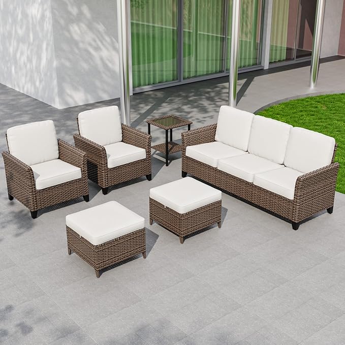 COOS BAY Harbor Retreat 6 Piece Outdoor Furniture Set, Patio Conversation Set with Patio Chairs, 3 Seat Couch, Side Table and Ottomans, Wicker Furniture, Brown/Beige