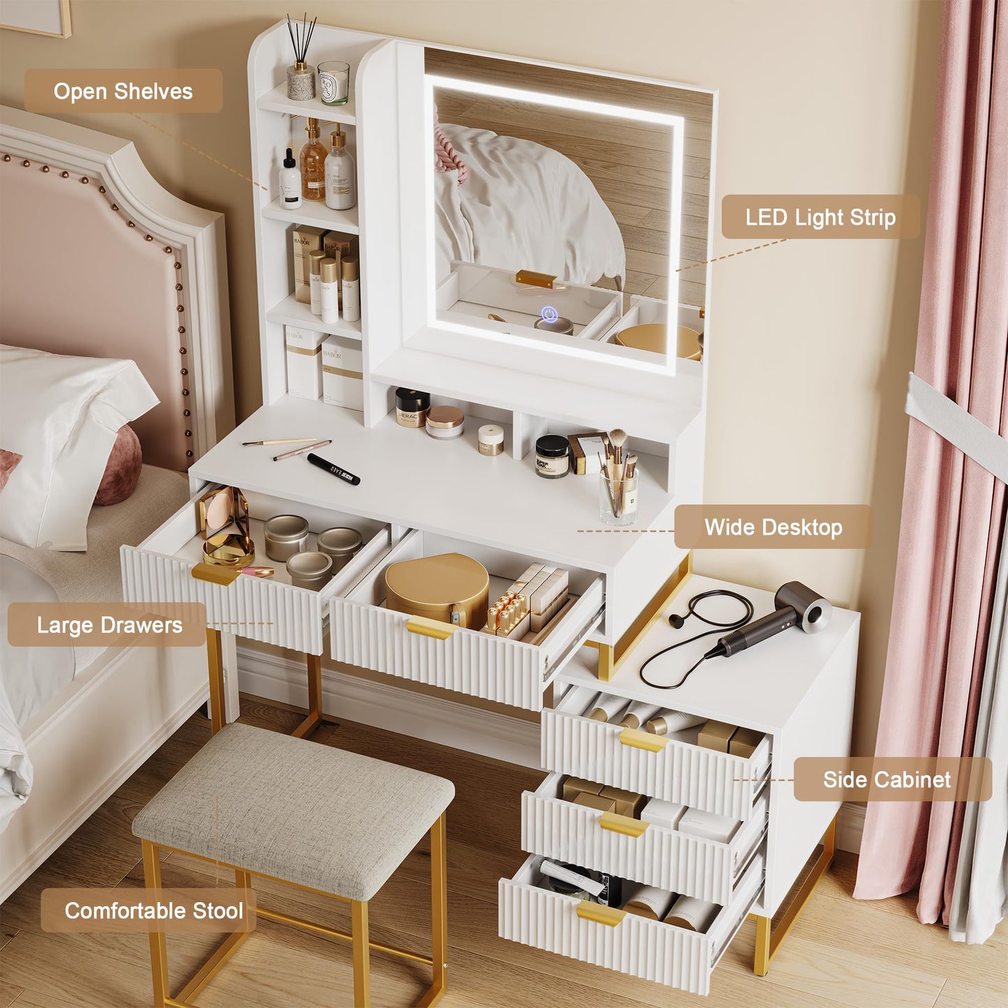 Garvee Makeup Vanity Desk with Mirror and Lights, Vanity Table with 5 Drawers, Vanity Set with Stool and Removable Side Storage Cabinet for Bedroom, White & Gold