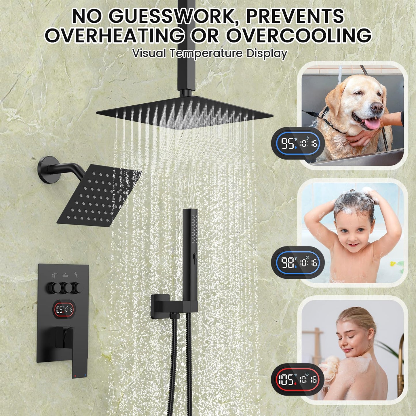 Push Button Diverter Shower Faucet Set Hydro Power Temperature Display, Shower System Ceiling Mounted 10" & Wall Mounted 6" Shower Head with 3-Spary Handheld, Matte Black