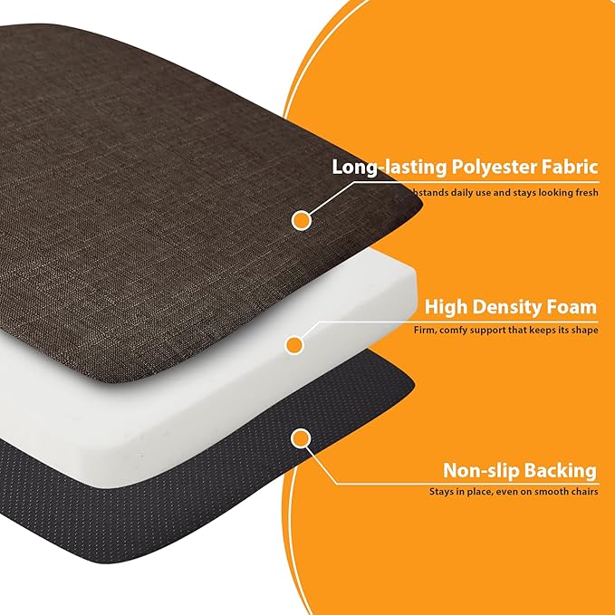 Ruqmuis Chair Cushions for Dining Chairs, 2" Thick Seat Cushions for Kitchen Chairs, D-Shaped Chair Pads with Washable Cover, Ties and Non Slip Backing, 17'' x 16'', Set of 4, Brown