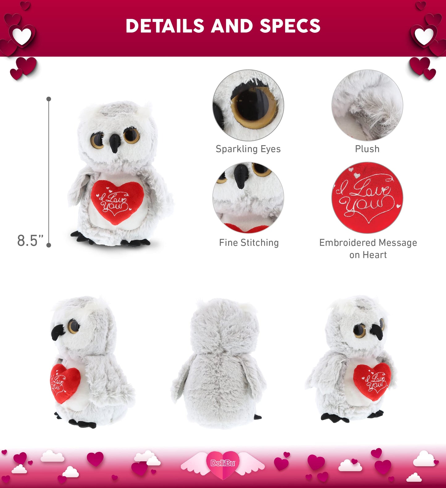 DolliBu I Love You Valentine Plush Big Eye Owl Bird - Cute Stuffed Animal with Red Heart and Name Personalization Gift for Valentines Day, Birthday, Anniversary, Romantic Date - 9 Inches