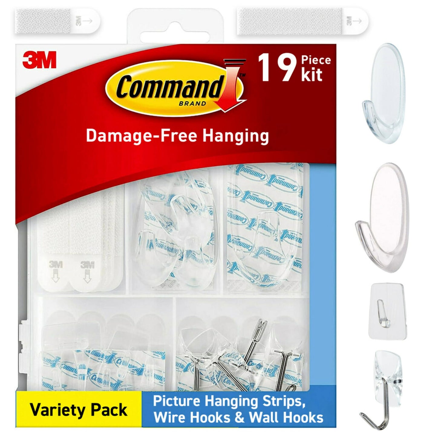Command Clear Variety Pack, Including 8 Pairs of Picture Hangers, 4 Clear Wire Hooks and 11 Wall Hooks for Hanging Christmas Decorations, Damage-Free Hanging Up to 19 Items