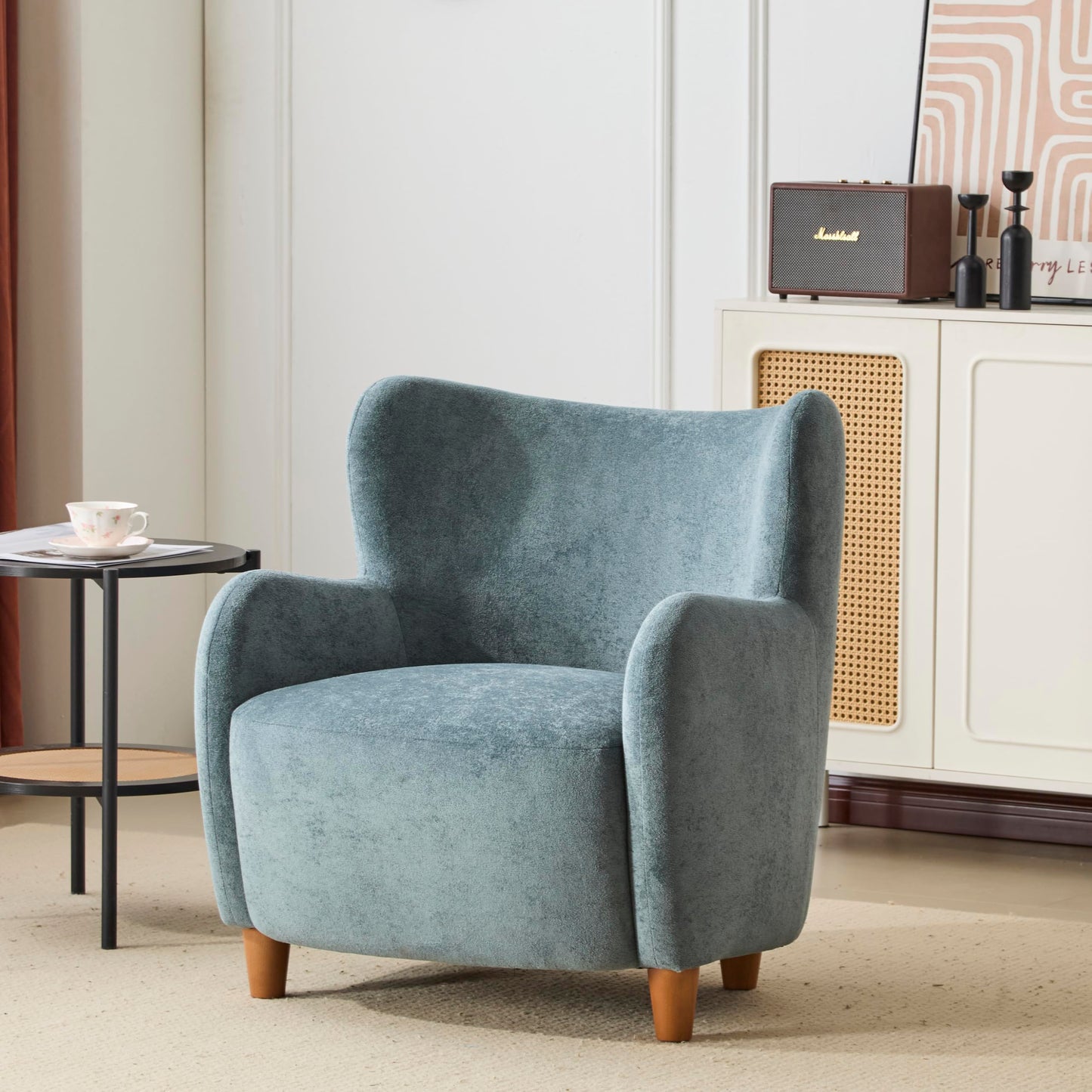 Christopher Knight Home Auden Wooden Low Profile Accent Chair, Velvet Upholstered Wingback Living Room Lounge Chair, Bedroom Comfy Reading Chair, Curved Backrest Single Sofa with Armrest, Dusty Blue