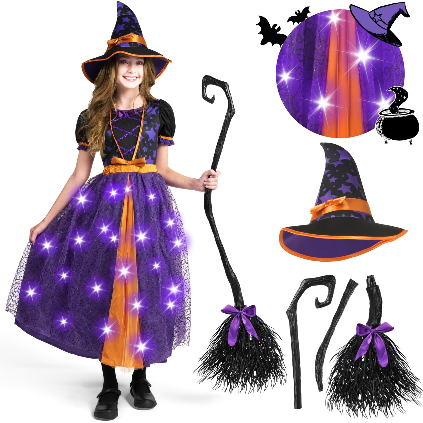 Spooktacular Creations Light Up Witch Costume for Toddler Girls, Child Fairy Tale Witch Outfit Set with Broom and Hat for Kids Halloween Dress Up Parties, Purple, S