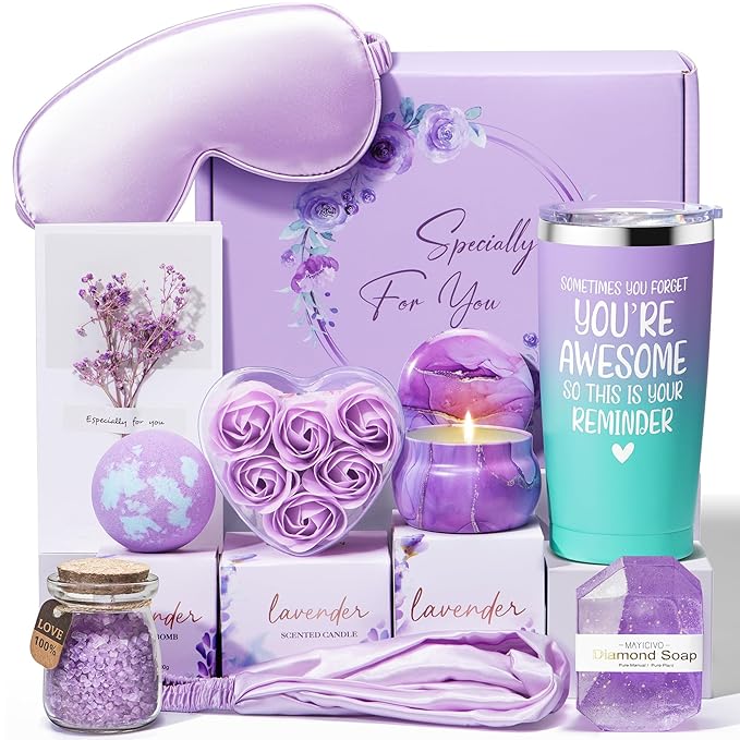 Birthday Gifts for Women Friendship, Lavender Relaxing Spa Gifts Basket for Women Self Care Gifts, Thank You Gifts Bath Set Mothers Day Gifts for Mom Her Sister Wife Friend Grandma Nurse Teacher Aunt