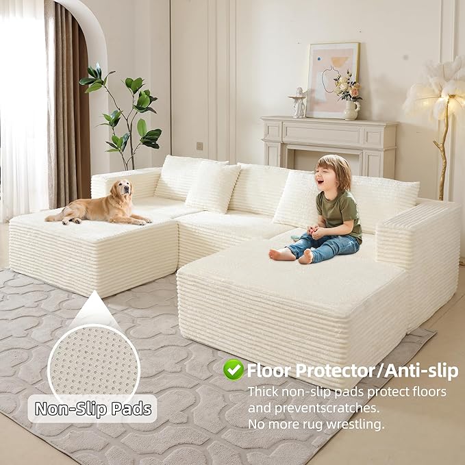 110 Modular Sectional Boneless Sofa with 2 Ottomans, Corduroy U-Shaped Modular Sectional Sofa, Convertible Cloud Couch with Deep Seats, No Assembly Required (White, 110" 3Seat+2 0ttoman)