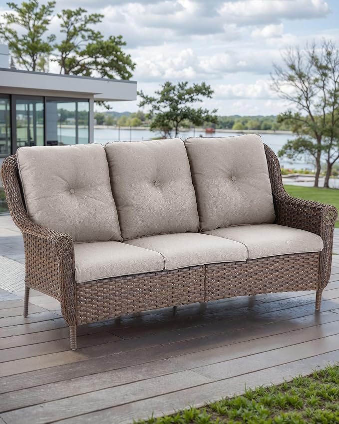 ACTREST Patio Couch Outdoor Wicker Sofa - Heavy Duty All-Weather Brown Rattan 3-Seater with High Back and Comfortable Thick Cushions for Garden Back Porch Poolside Apartment - Beige