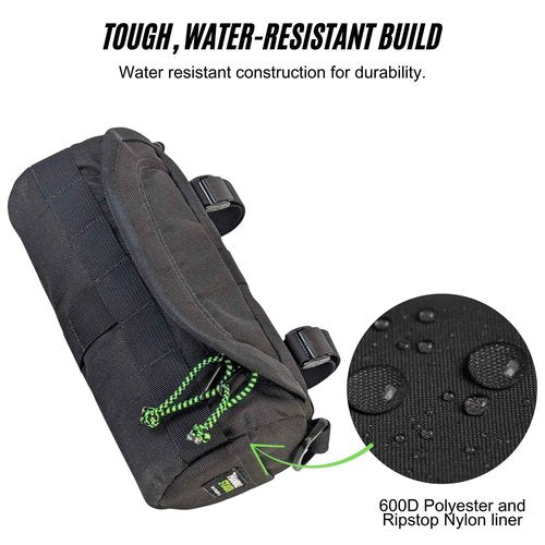 Handlebar Bag (Black & Green Burrito) | 2 Liter Capacity | Spacious Bike Bag w/ 2 Extra Long Buckle Straps & 1 Hook-and-Loop Strap | Water Resistant Front Basket | Bike Accessories | Made in USA