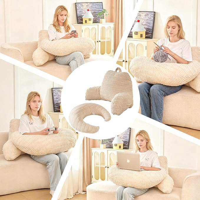 PAJEO Back Pillow for Bed Sitting Up,U Shaped & Back Support Pillow for Bed,17" Backrest with Lumbar & Arm Support,Comfy Corduroy Fabric,Lap Pillow for Gaming/Reading/Watching TV,White