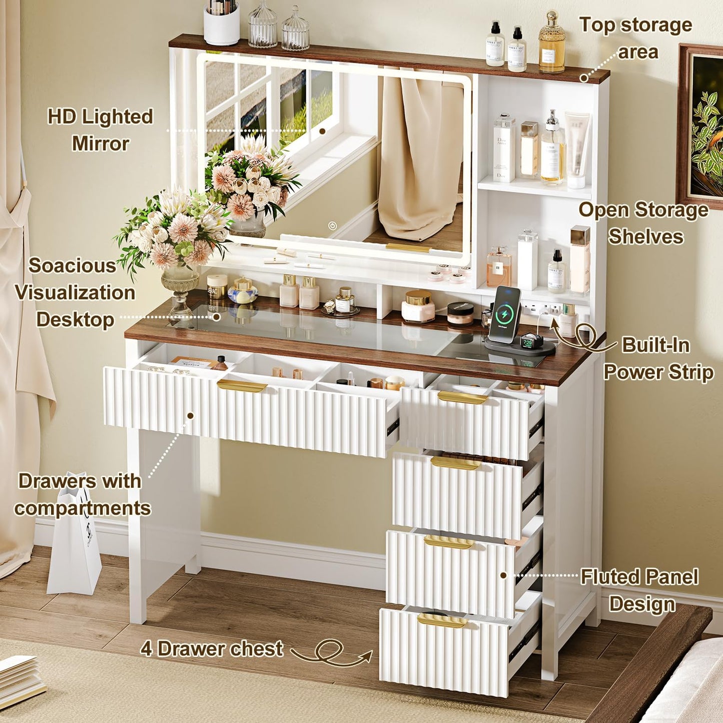 Arulvmrn 43" Large Vanity Desk with 30" HD Lighted Mirror,Modern Vanity Desk with Mirror and Lights, Makeup Vanity with 5 Drawers and Storage Shelves and Charging Station, White2300