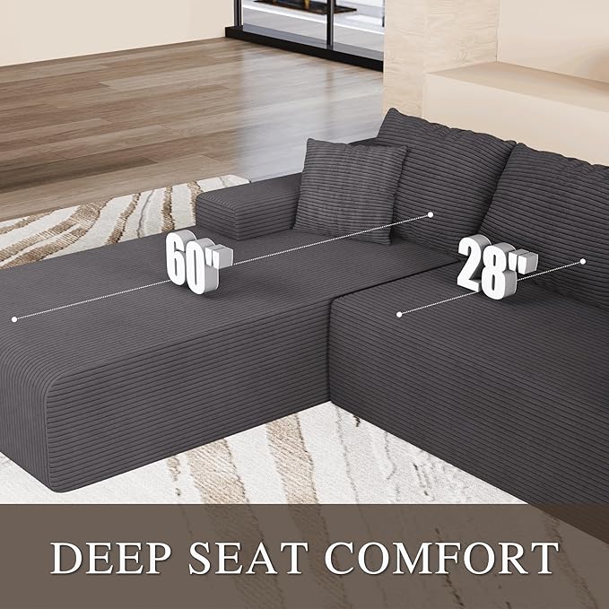 NAYA 106” Modular Sectional Sofa, Cloud Sectional Couch with Deep Seat, Modern Modular L-Shape Sofa Boneless Couch with Chaise for Living Room Bedroom (Grey, U-Shaped Minimalist Sofa)