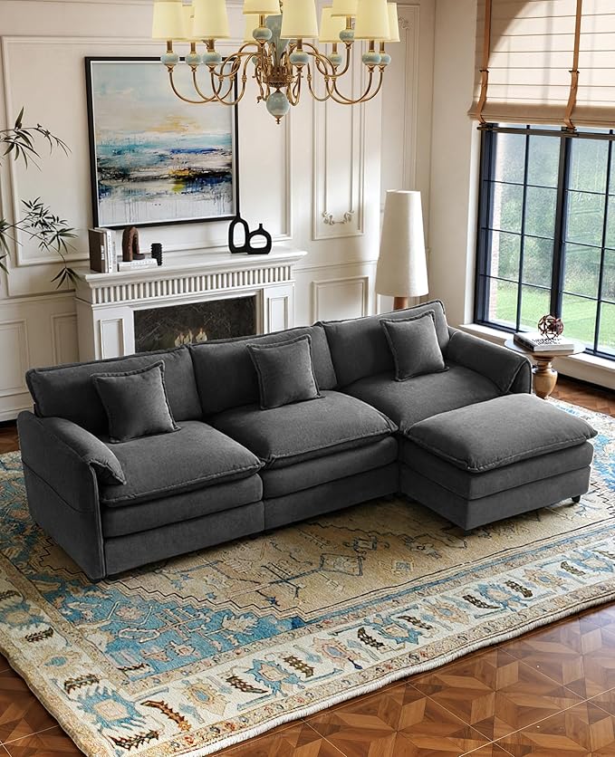 RENDGO 109" Modular Sectional Sofa with 1 Ottoman, Chenille Cloud Couch for Living Room & Apartment, Deep Seat Comfort, Flexible L-Shape Combination Sofa for Home & Office,Grey