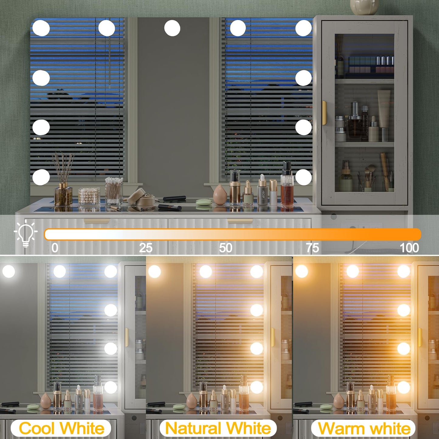 CollaredEagle Fluted Makeup Vanity Desk with 36" 11 LED Lights Mirror, 48" Big Modern Vanity Desk with 5 Drawers and Storage Shelves & Power Outlet, Glass Top for Bedroom, White
