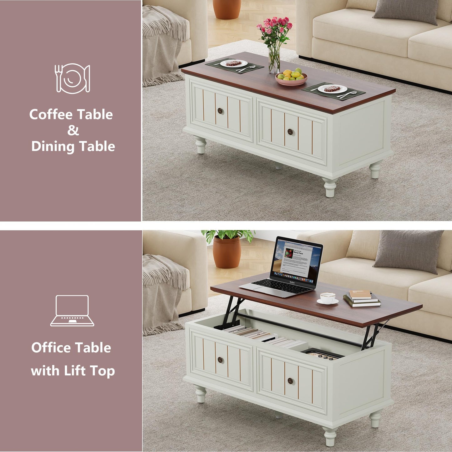 MAHYIZYI 39" Lift Top Coffee Table for Hidden Compartment, Wood Coffee Tables with Shelf, Farmhouse Rectangular Center Table Dining Table for Living Room Home Office Small Space (Beige)