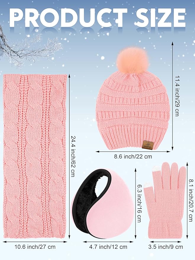 URATOT 4-In-1 Winter Warm Sets Knitted Scarf Touch Screen Gloves Beanie Pompom Hat and Winter Ear Warmer for Men or Women