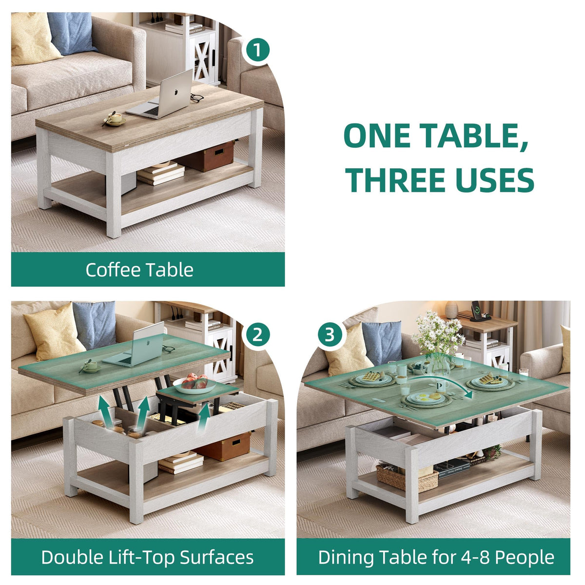 YITAHOME Lift Top Coffee Table for Living Room, 3 in 1 Multi-Function Coffee Tables with Storage, Farmhouse Rectangle Coffee Table Dining Table for Reception Room/Home Office, Grey Wash
