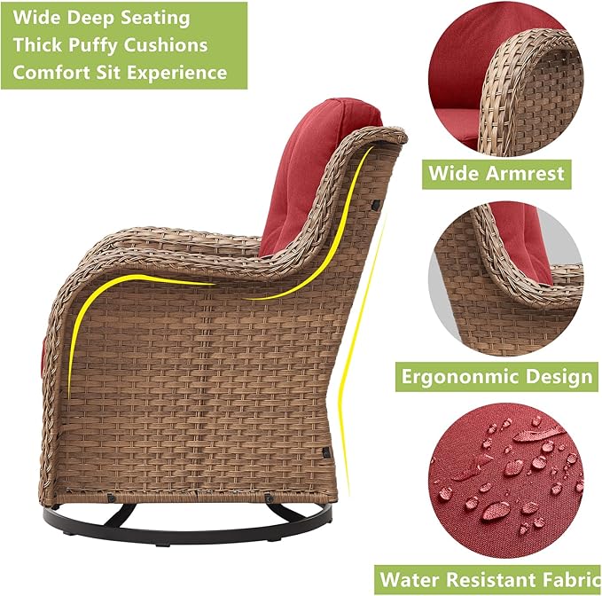 Rilyson Patio Chairs Rocking Swivel Chiar - 3 Piece Outdoor Wicker Patio Bistro Set Rattan Rocker Glider Chairs with High Back and Deep Seating for Outside Porch Deck Garden(Yellow/Red)