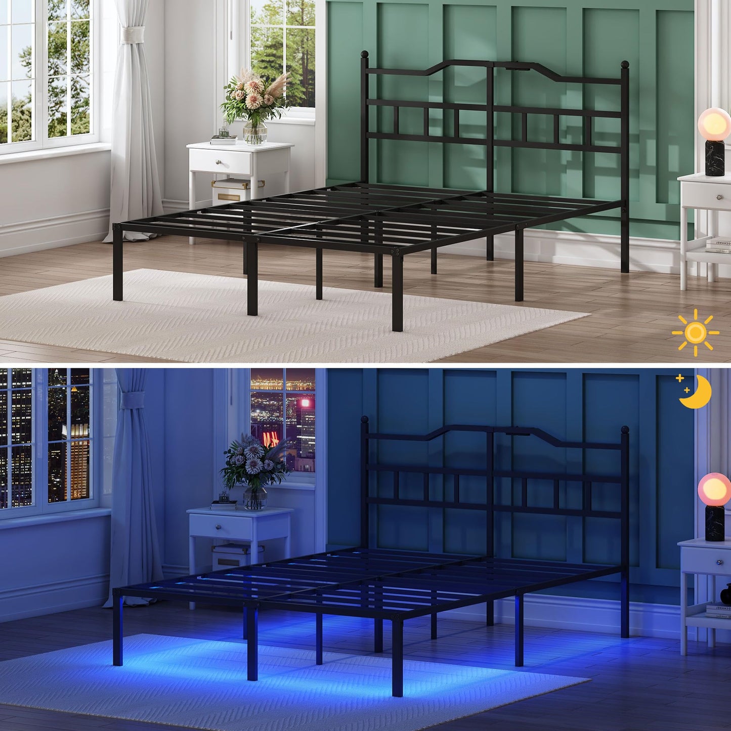 YORMDMO Full Bed Frame with LED Lights, 14 inch Metal Bedframe with Headboard, Outlets & USB, Heavy Duty Basic Steel Slats Platform, Noise Free, No Box Spring Needed