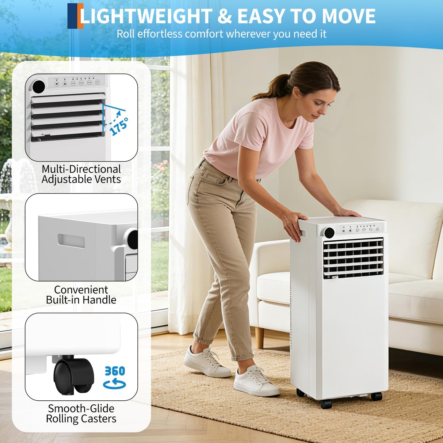 Portable Air Conditioners 8,000 BTU, 4-IN-1 Portable AC Unit for Rooms to 350 Sq. Ft. with Cooling, Dehumidifier, Fan & Sleep Modes, LED Display, 24H Timer, Remote Control, Installation Kits Included